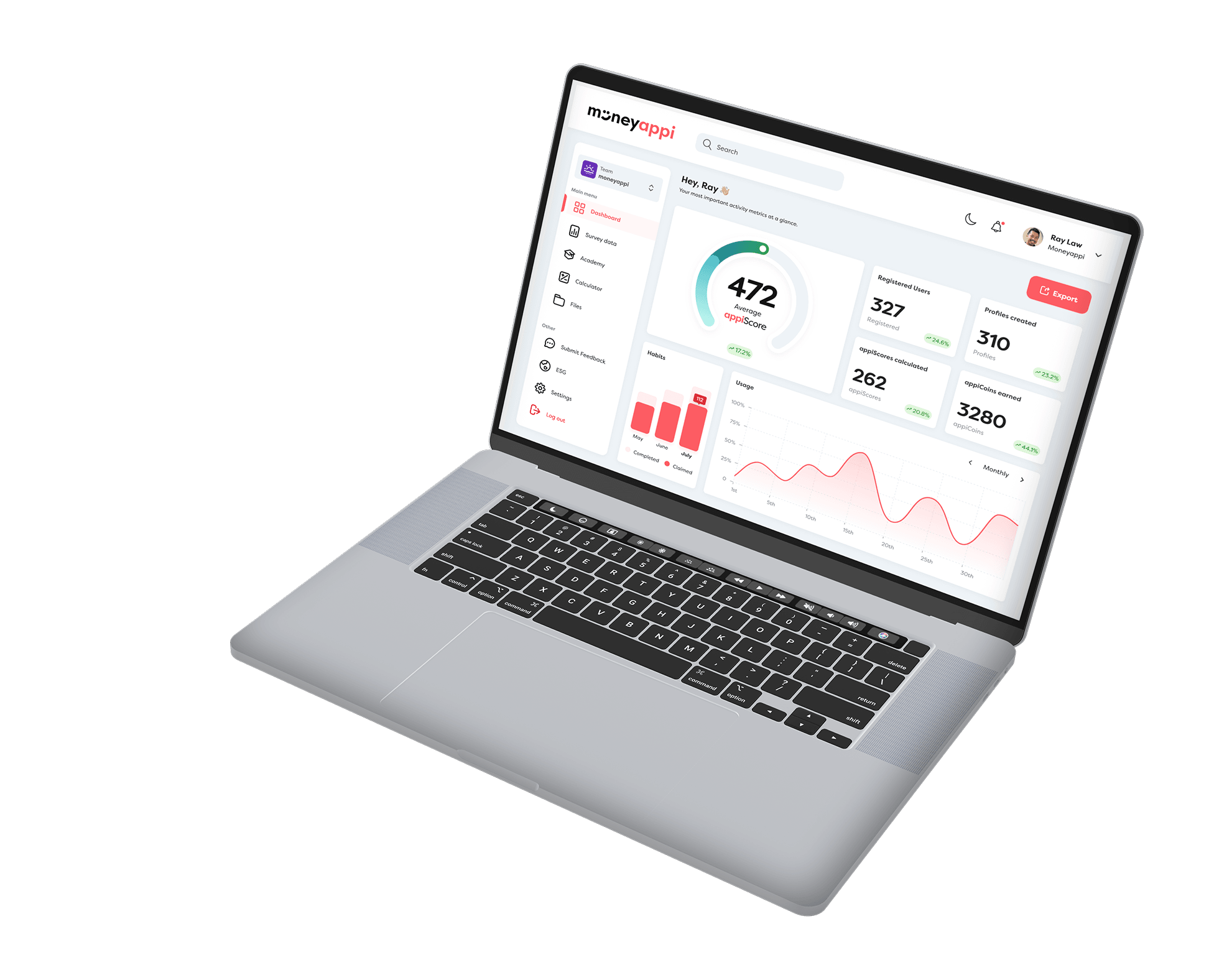 Laptop displaying MoneyAppi dashboard