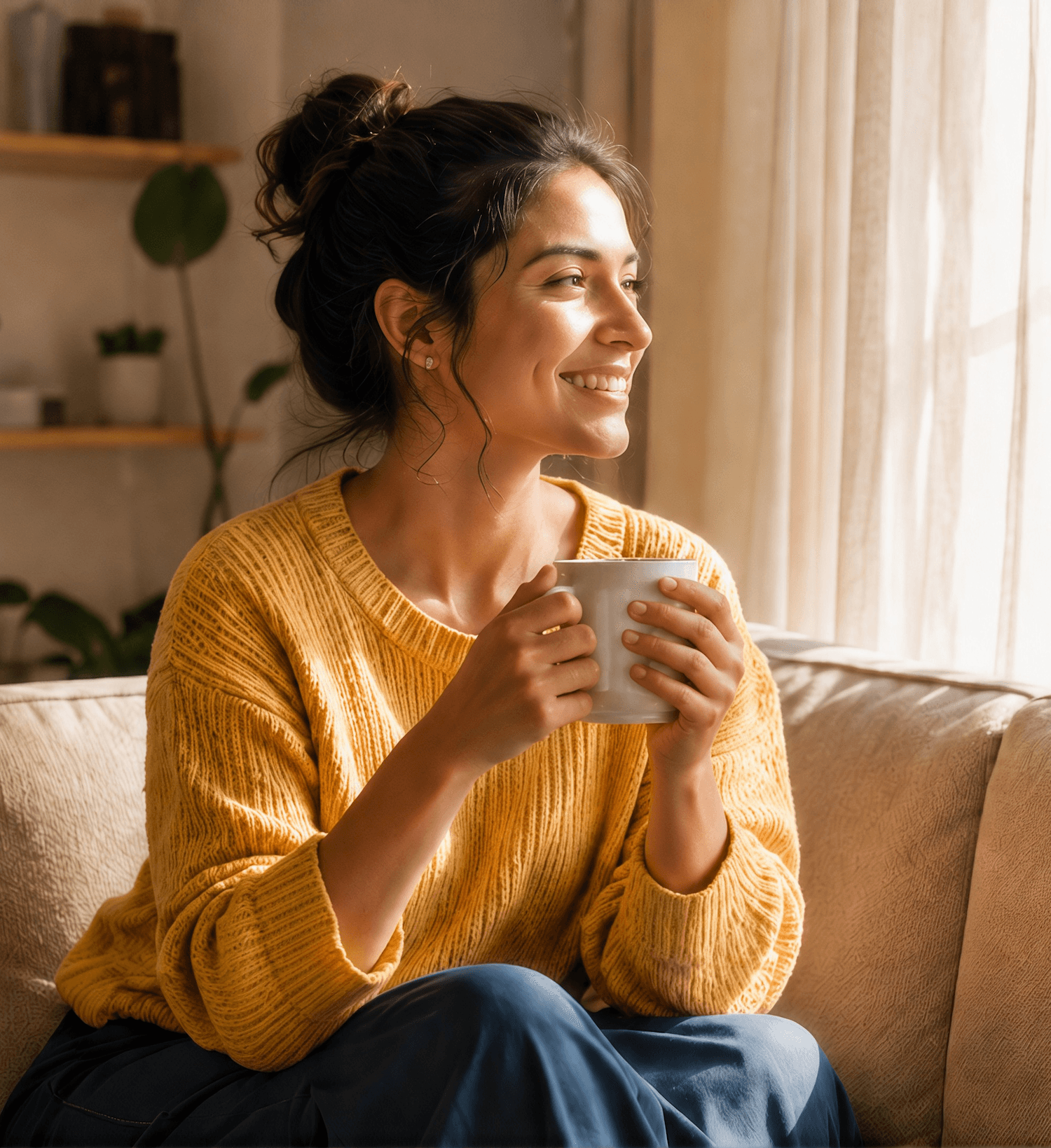 Woman smiling while holding a mug on her couch