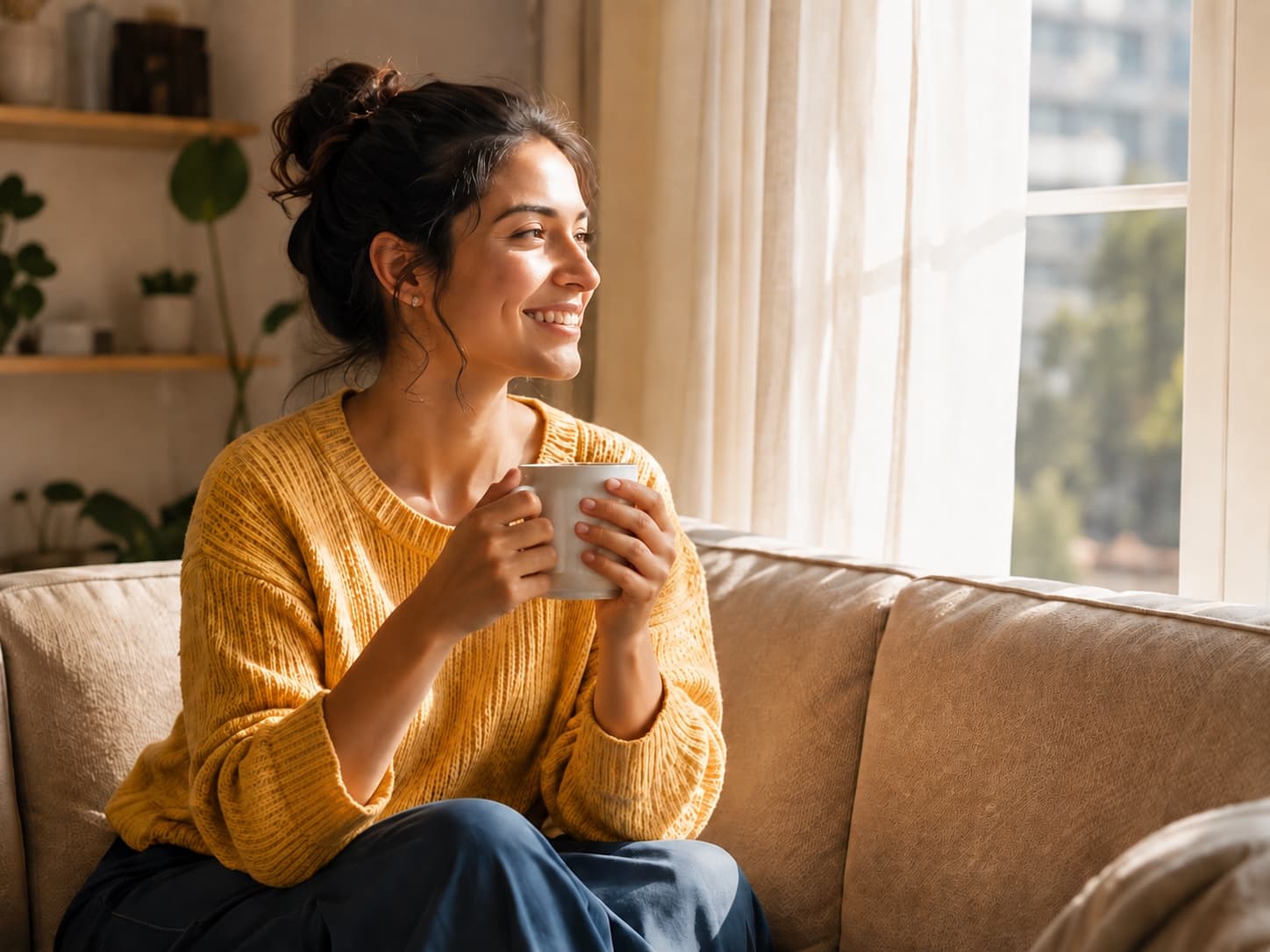 Woman smiling while holding a mug on her couch