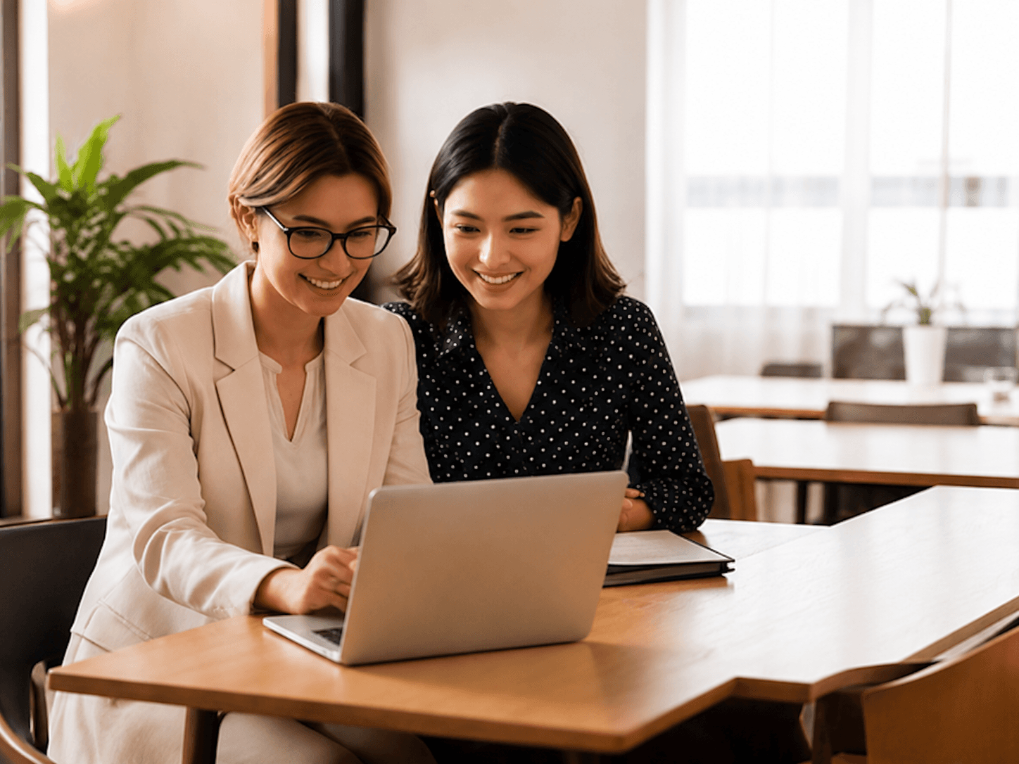 Two colleagues smiling while reviewing something together on a laptop