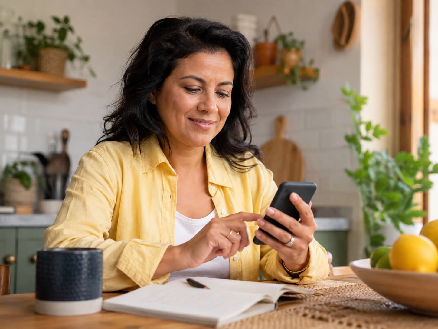 Woman at her kitchen table reviewing a suggested savings action on her phone