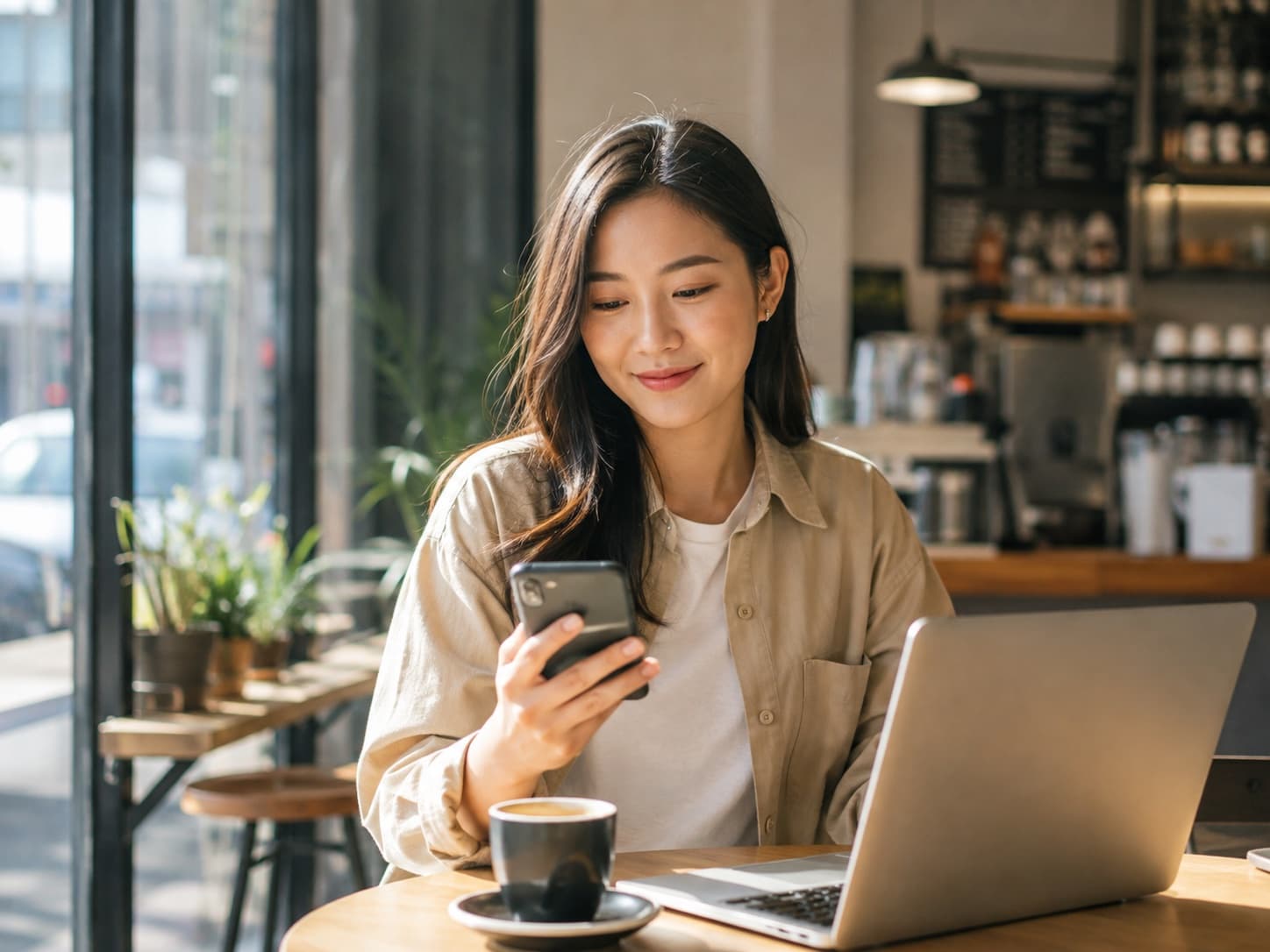 Woman checking her phone in a cafe while her appiScore tracks in the background