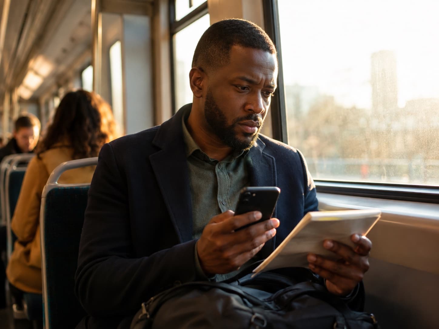 Man checking his phone and a bill while riding the train