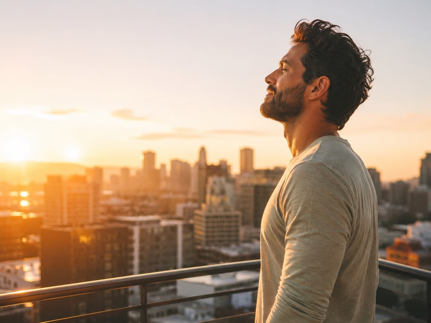 Man looking out over the city skyline at sunset from a rooftop