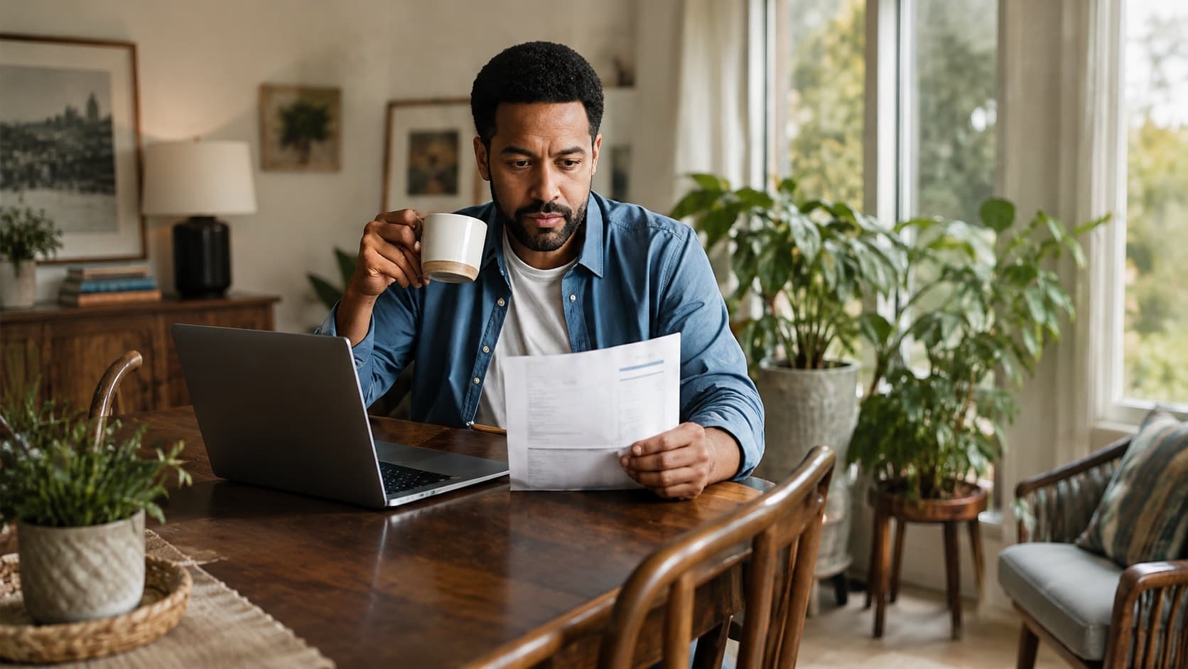 Man reviewing a bill at his kitchen table with his laptop open