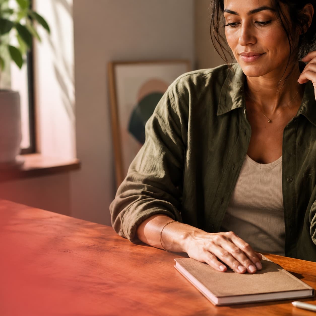 Woman writing in a notebook at a wooden desk